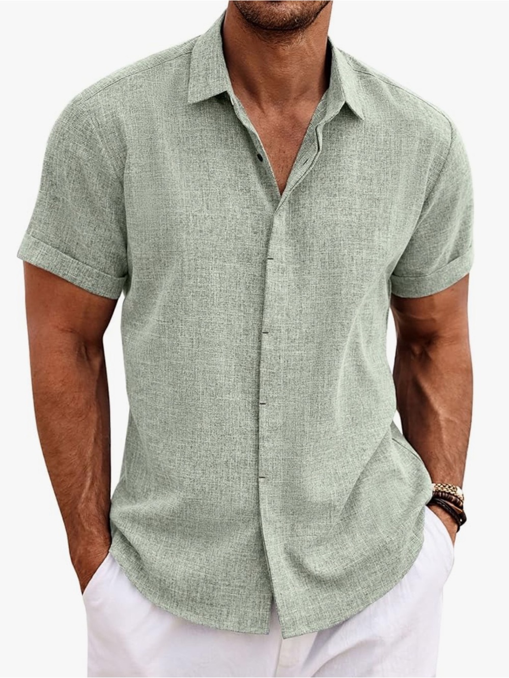 Men's Sage Green Short-Sleeve Button-Down Shirt 176 travel vacation party work